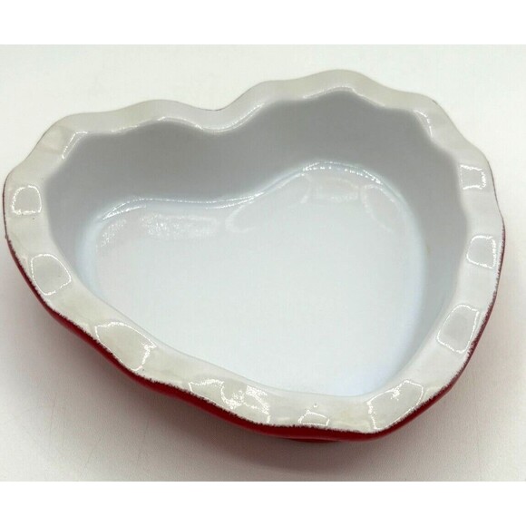 Emile Henry Red & White Heart Shape Ruffled Dish Made in France 5 3/4” 61.49 - Picture 1 of 16